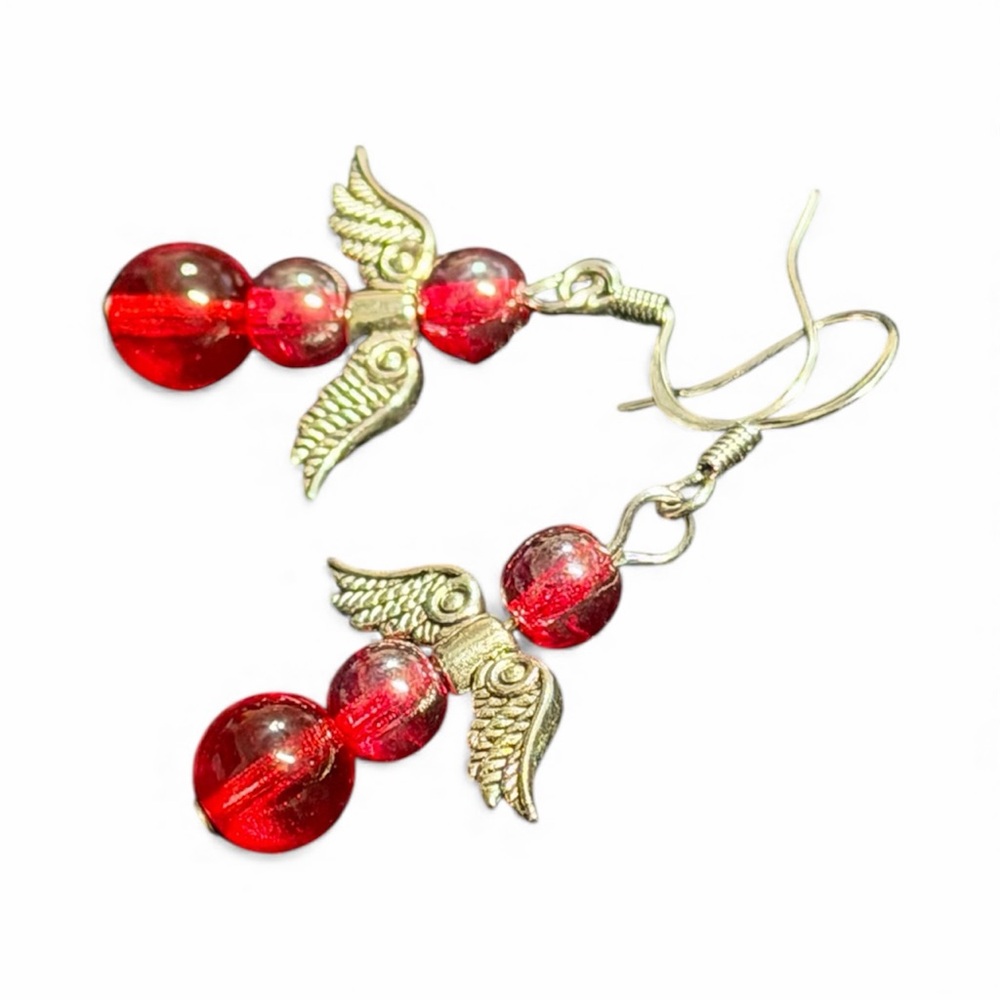 Handcrafted Red Angel Wing Earrings - Picture 10 of 13